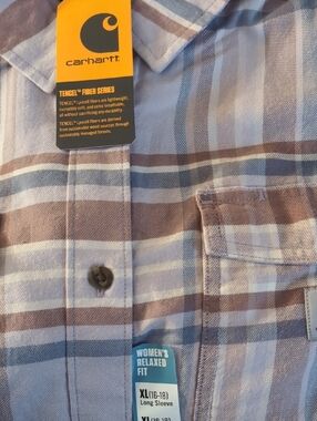 Carhartt Women's Plaid Button-Up Shirt - Light Blue and Brown